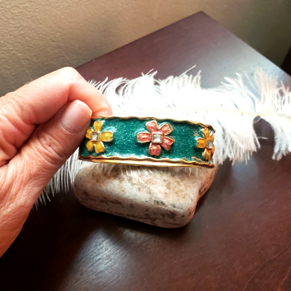 Enamel Three Flower Clasp Bracelet with square rhinestone centers.